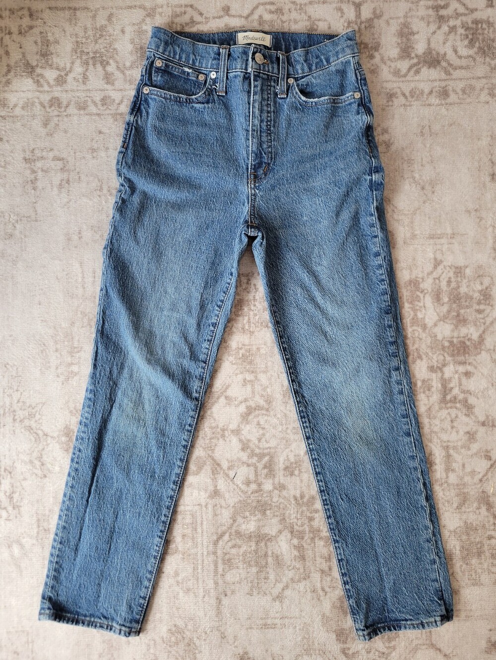 Madewell Women 25 Classic Straight Jeans High Rise Medium Wash Light Distressing